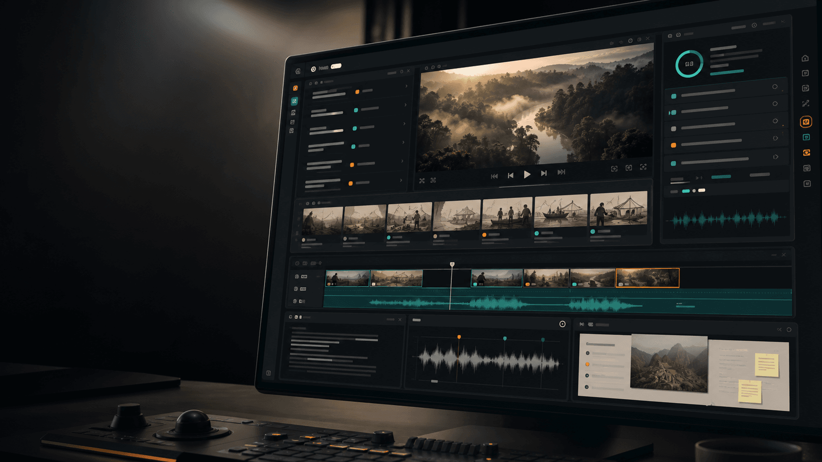 Narra production cockpit with storyboard frames, waveform timing, and video render panels